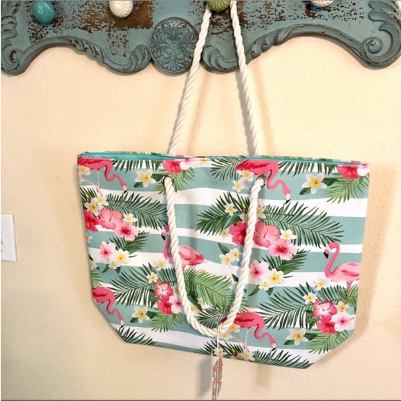 NWT Hibiscus, Flamingo & Palm Beach Bag Shopping Bag - Picture 1 of 5